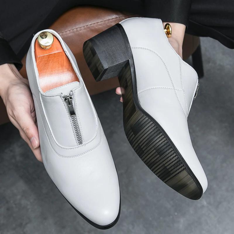 Men's British Black White Zip Patent Leather Height Increasing Shoes Men Male Monk Strap Formal Wedding Oxfords Men Dress Shoes