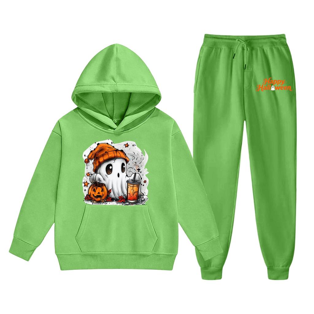 Kids Halloween Hoodie Set Ghost Print Pullover Sweatshirt with Matching Pants Comfortable Fit for Fall and Winter Seasonal Wear