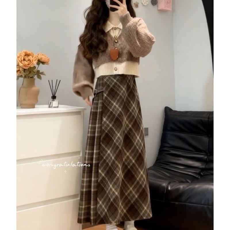 Korean-Style Casual Knit Sweater & Plaid Skirt Set for Female Students