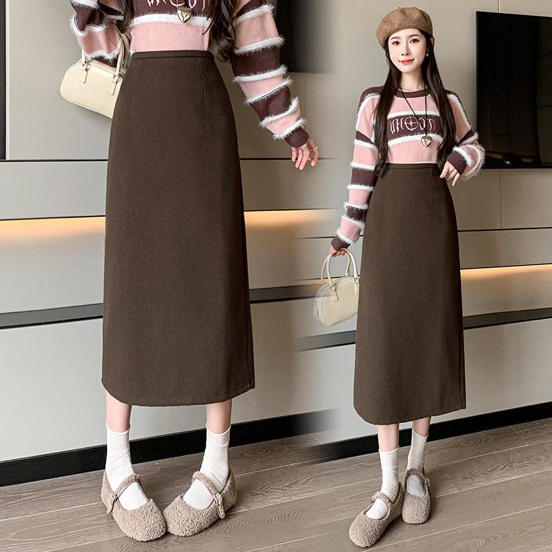 Women's 2025 Pink Wool High-Waist A-Line Midi Skirt for Autumn and Winter