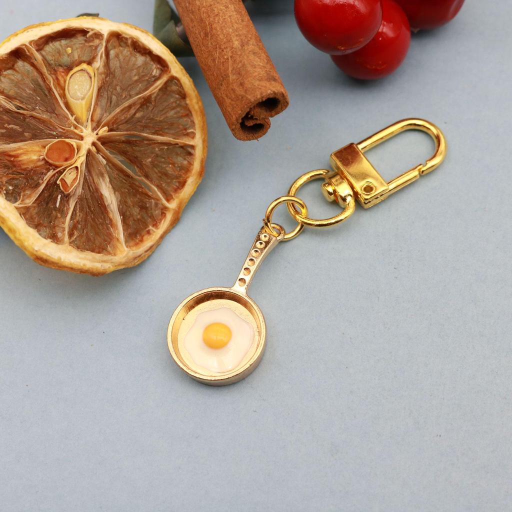 Frying Pan Earphone Case with Egg Pendant Keychain and Student Bag Tag