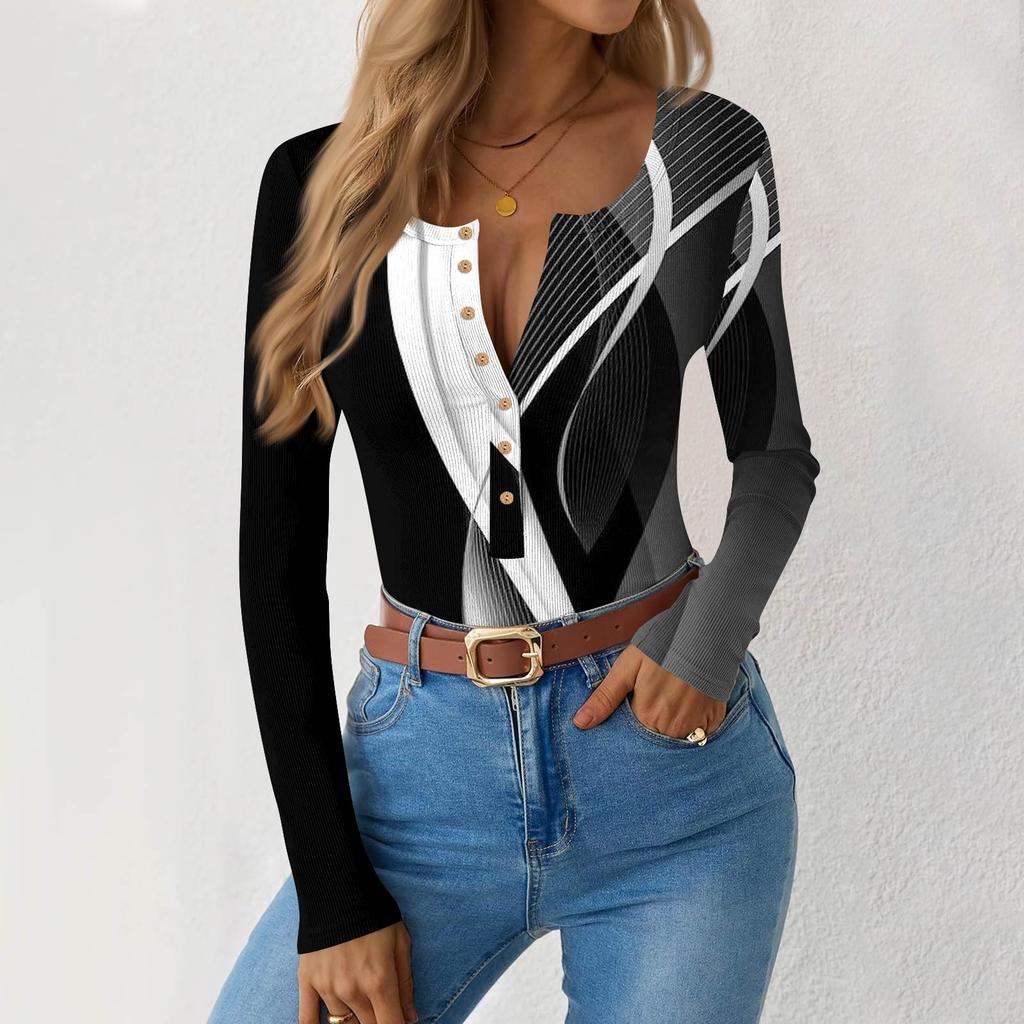 Women's Slim Bottom T-shirt Fashion Casual Gradient Printing Round Neck Pullover Long Sleeve Top