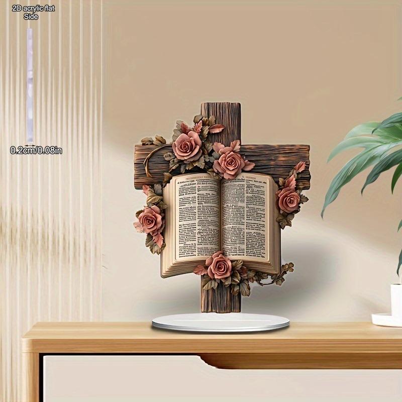 2D Flat, Cross Rose Bookshelf Acrylic Desktop Decoration, with Base, Suitable for Wall Decoration, Porch, Room, Villa, Accents Home, Hallway, or Workp