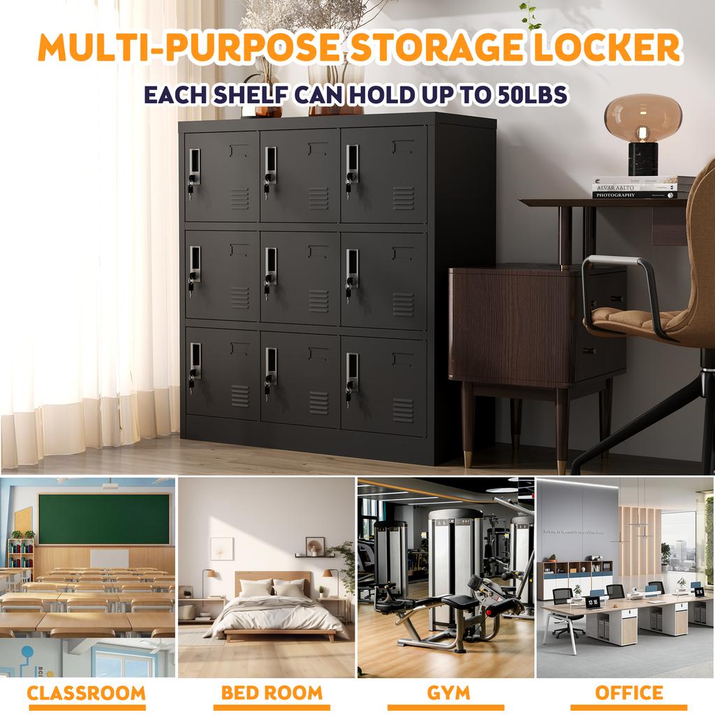 9-Door Metal Cabinets for Office, Gym, School & Home - Secure Storage Cabinet with Card Slot (Black), H 100 cm × B 90 cm × T 40 cm