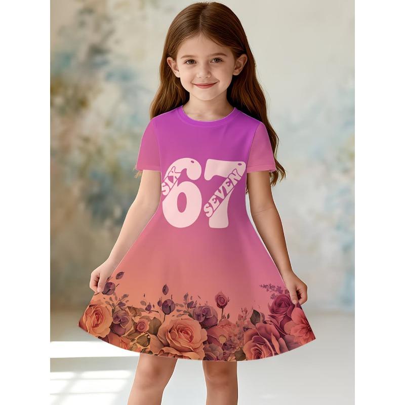

67 Meme Dress for Girls Cute Pink Stripe Star Number 3D Print Short Sleeve Summer Dresses Loose Round Neck 110