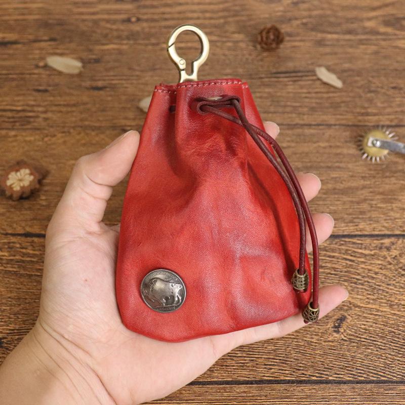 Simple Top Layer Cowhide Vegetable Tanned Leather Retro Women's Sachet Mini Key Bag Card Bag Coin Purse Storage Bag