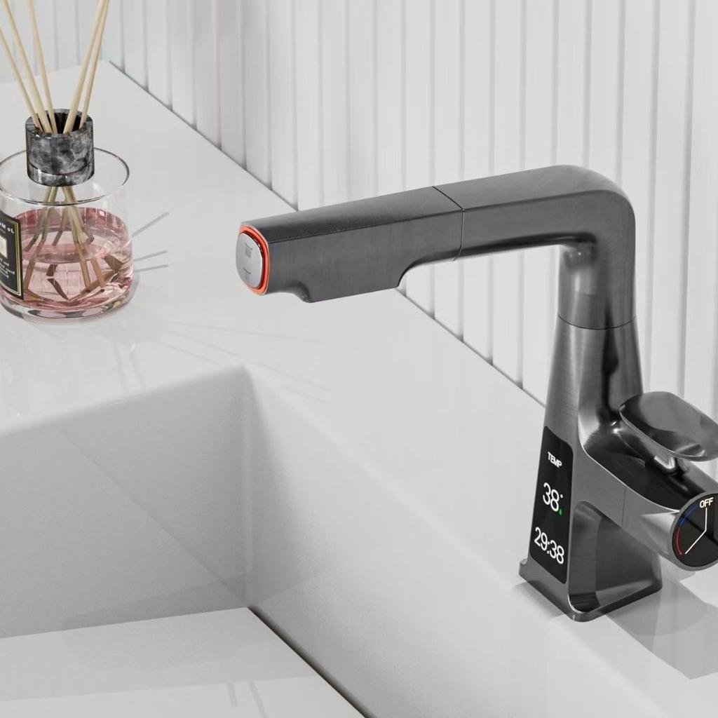 LED Digital Display Lift Pull Out Bathroom Basin Faucet Gray Brass Multifunctional Hair Wash Mouthwash Hot And Cold Mixed Tap