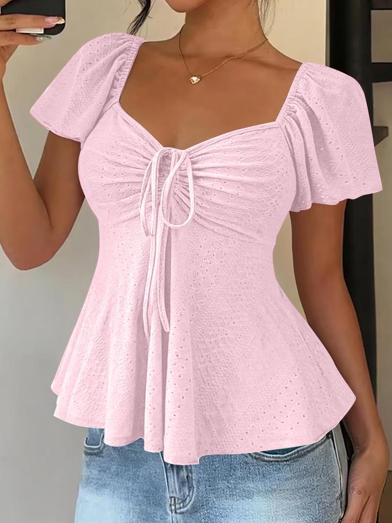 2026 Summer V-neck Drawstring Waist Sexy Short Sleeve Plain T-shirt for Women