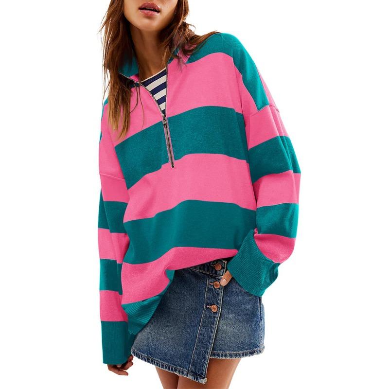 Autumn and Winter New Long Sleeved 1/4 Zipper Pullover with Split Color Block for Women's Sweaters and Hoodies