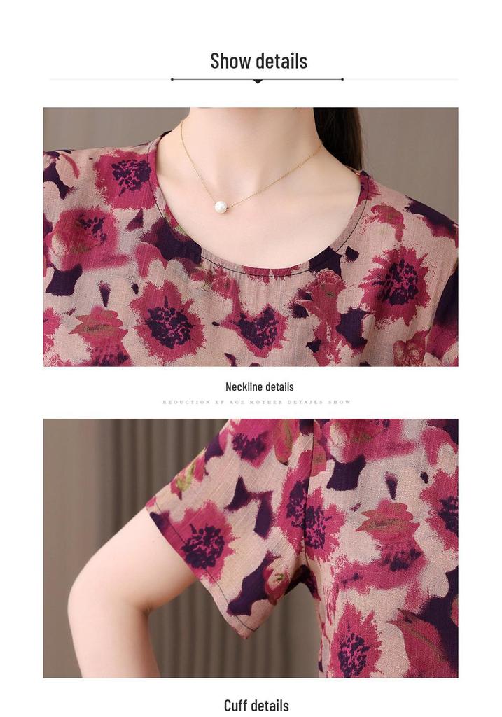 Women's Cotton Linen Two-Piece Set - Stylish Printed Short-Sleeve, Round Neck, Large Size for Mom's Summer Fashion