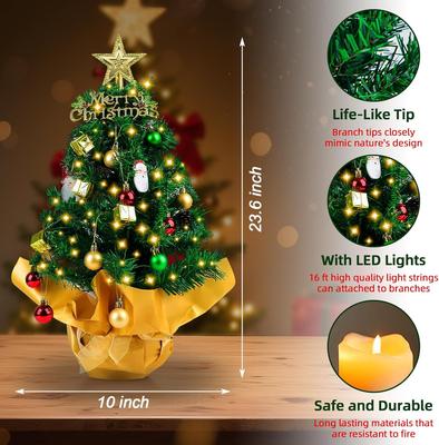 23-Inch Mini Christmas Tree with Lights, Star Topper & Ornaments for Desk or Office Holiday Decor