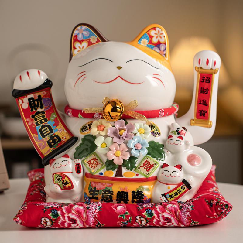 14 Inch Large Ceramic Lucky Cat Ornament Waving Arm Beckoning Cat USB Powered Hand-made Flower Desktop Decoration Fortune Cat
