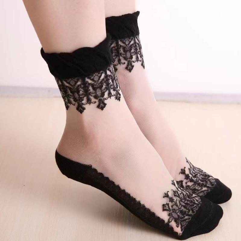 1 Par Verano Primavera Damas Ultradelgados Bordado de Encaje Seda Transparente Vidrio Cristal Elásticos Calcetines Suaves Elásticos Transpirables para Mujer