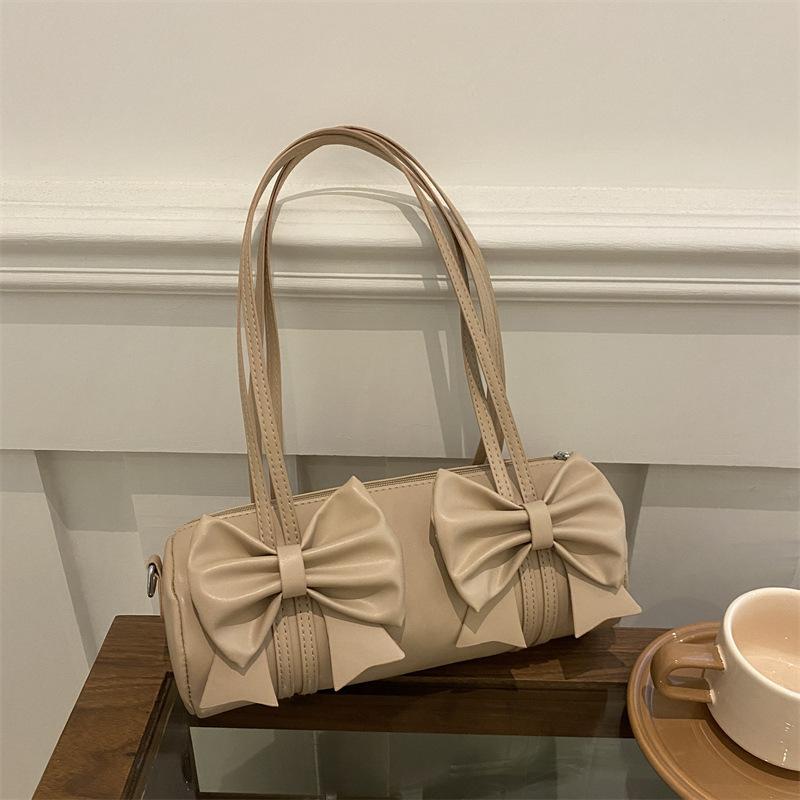 Elegant Bow Women's Small Pillow Handbags Pu Leather Ladies Shoulder Underarm Bags Barrel-shaped Purse Female Tote Crossbody Bag