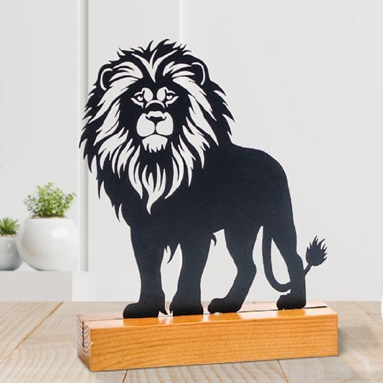Metal Lion Statue with Wood Base Centerpieces Table Top Sign Hollow Out Iron Art Animal Sculpture Desktop Ornament Gift