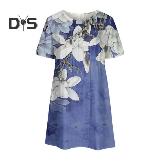 

Женское летнее платье миди с коротким рукавом, V-образным вырезом, плиссированное свободное платье-туника с цветочным принтом в стиле бохо и карманами XL синий