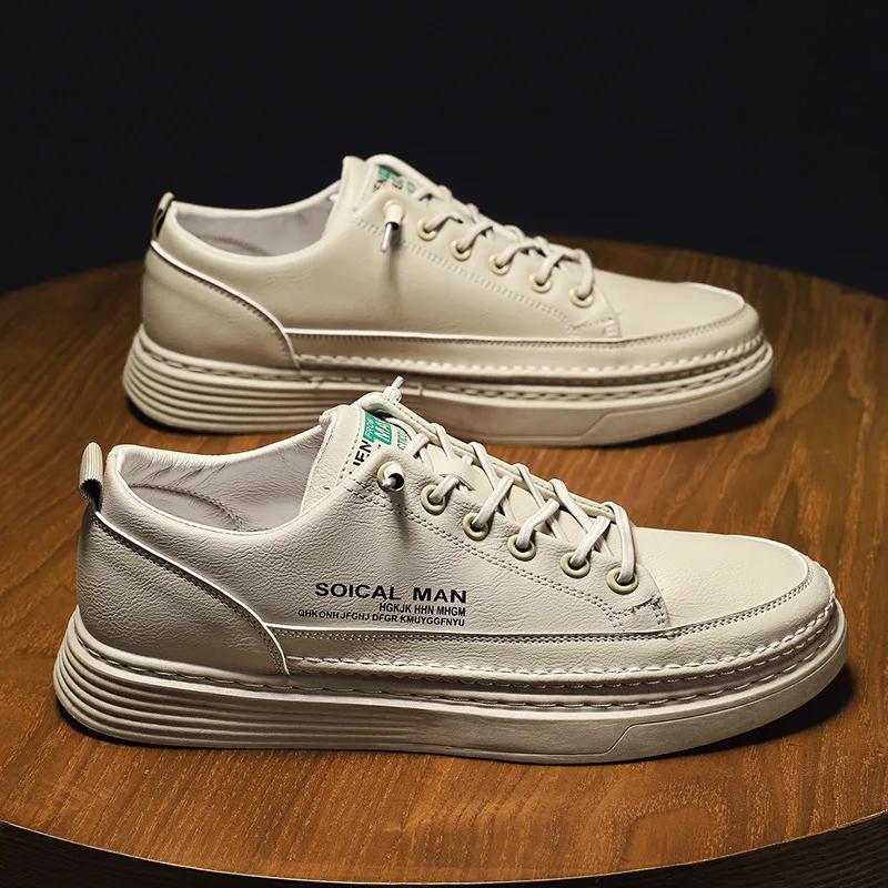 

Leather Men Casual Shoes Walking Platform Shoes for Men Non-slip Sneakers Male Vulcanized Shoes Tenis Masculino Zapatos Hombre 39 бежевый
