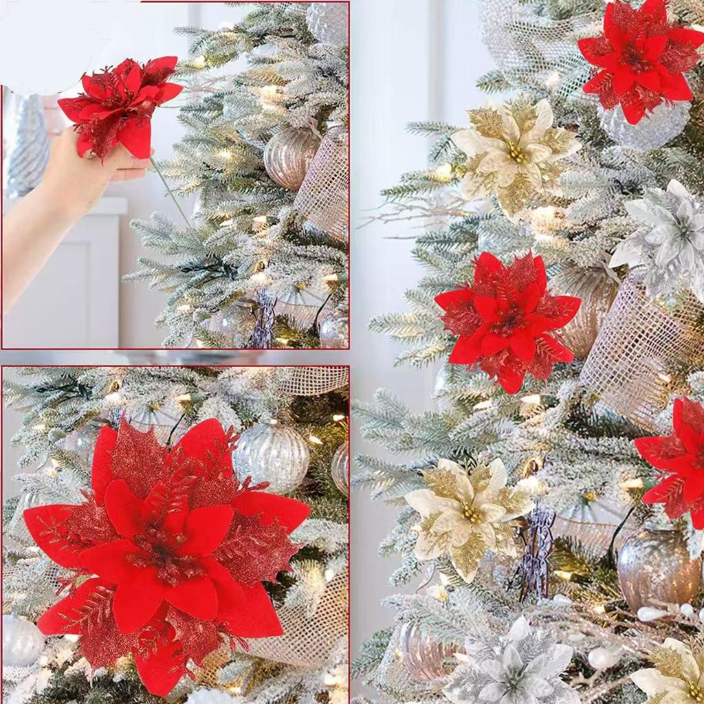 Premium Artificial Christmas Flowers with Glitter Poinsettia, Non-electric, Feather-free, Ideal for Holiday Wreath and Garland Decoration