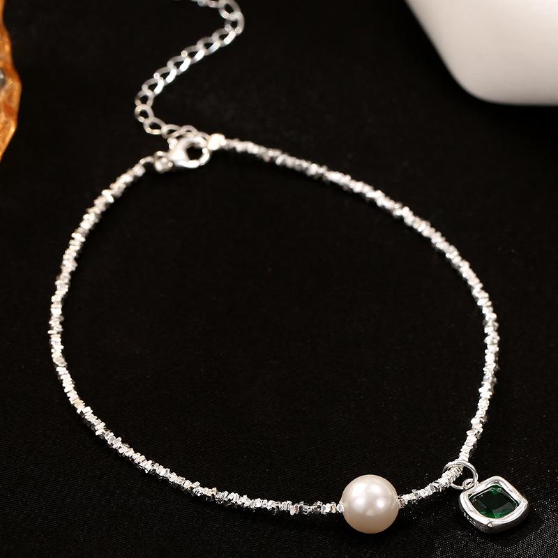 Banyan Tree S925 Silver Luxury Square Bead Anklet - High-End Women's Emerald Foot Jewelry