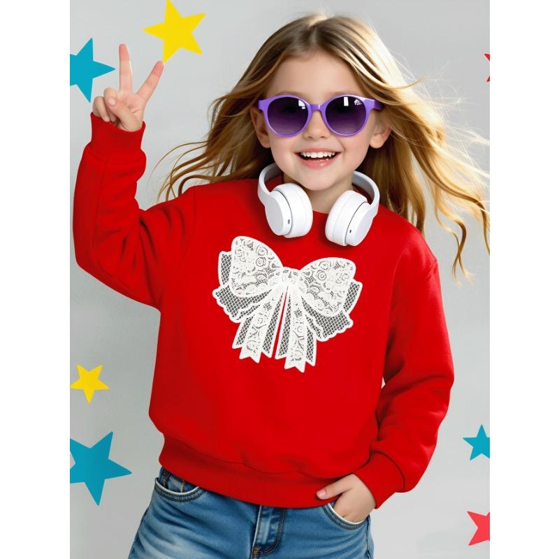European sizes Girls Crew Neck Sweatshirt Lace Bow Pattern, Soft Cozy Pullover, Warm Casual for Autumn & Winter.