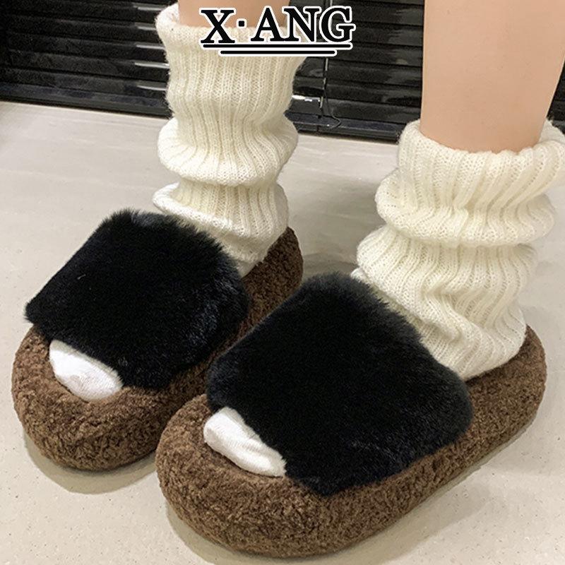 Wunderschöne flauschige Hausschuhe aus echtem Kaninchenfell für Damen zum Tragen im Herbst und Winter, neue flauschige Baumwoll-Schlappen mit dicker Sohle