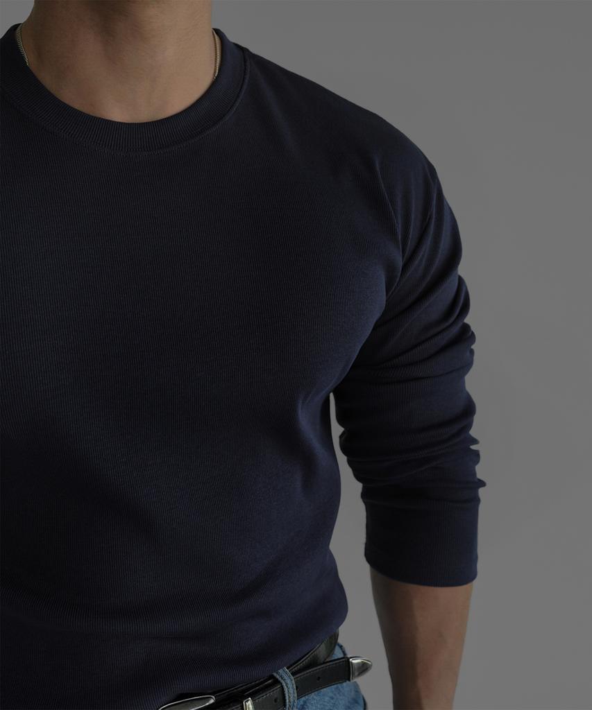 Baulopeulodeogteu Fine Ribbed Muscle Long Sleeve Knit Tee [Navy]