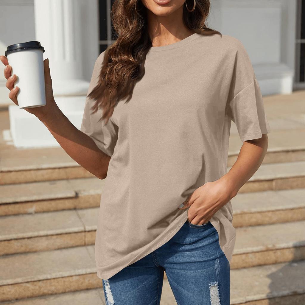 A Solid-color Loose Short-sleeved, Round-neck Plate-sized Top For Women In Spring And Summer