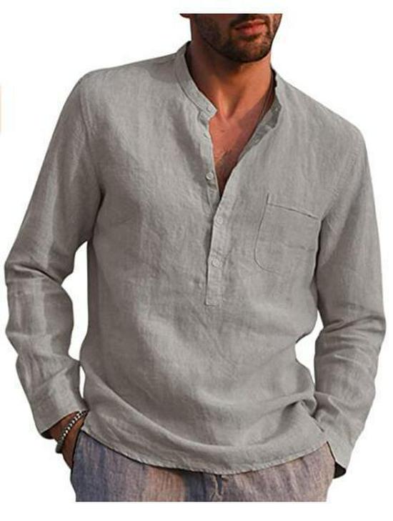 Men s Long Sleeve V-Neck Casual Beach Linen Shirt (2023) Medium серый