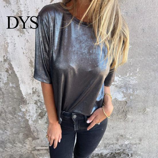 Loose Fit Tee Lady Summer Top Round Neck Short Sleeves Pullover Blouse Glossy Stretchy Women Shirt Surface Pure Color T-shirt for Daily Wear