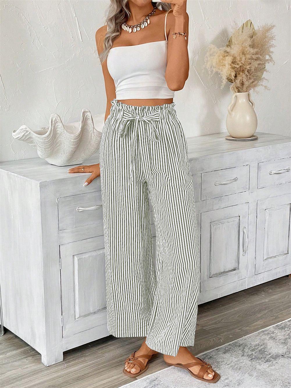 

Women s High Waisted Wide Leg Pants with Bow Tie Belt, Striped Palazzo Trousers, Casual Comfort Stretch Pants S армія зелений колір