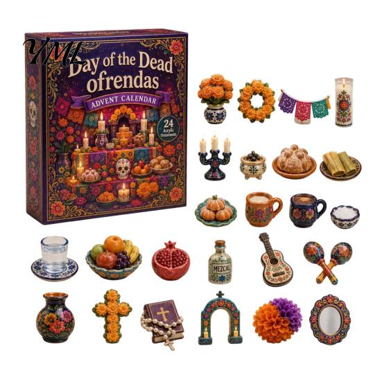 Calendario dell'Avvento di Halloween Giorno dei Morti, Set di Ornamenti Acrilici da 24 Giorni con Stile Oscuro Decorazioni per la Casa Teschio e Fiori di Calendula, Decorazione da Appendere all'Albero,