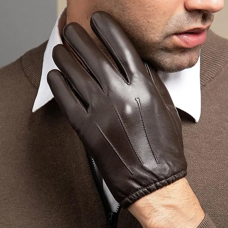 Velvet Linning Men Business Sheepskin Leather Gloves Winter Full Finger Touch Screen Brown Gloves Riding Motorcycle Gloves