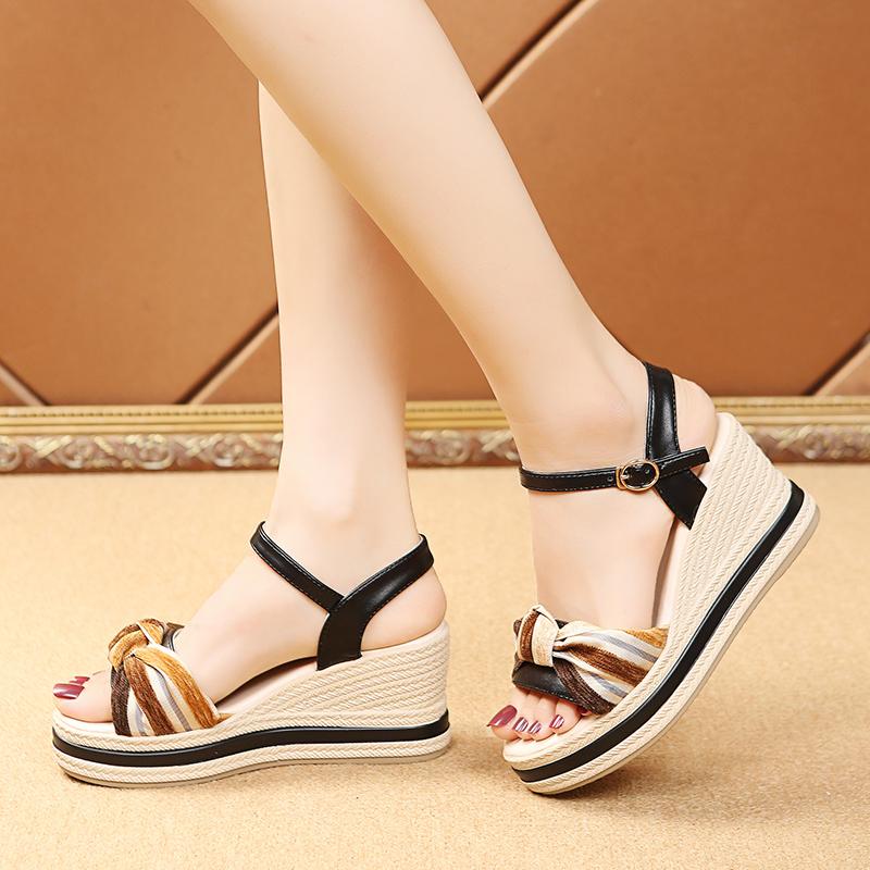 Sandale cu Pană de Vară pentru Femei, Sandale cu Platformă la Modă, cu Degetele Descoperite și Fundă, Pantofi Casual Noi Negri cu Înălțime, Sandale de Plajă Ușoare