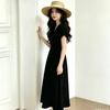 Korean chic summer temperament elegant cross V-neck lace-up waist thin bubble sleeves medium long dress women