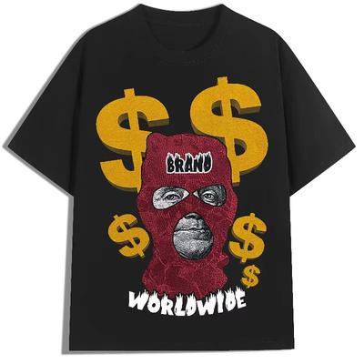 Unisexs Street Top Round Neck Short Sleeved Tshirt Y2K Style Masked Portrait Money English American Punk Hip Hop Print