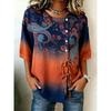Women's Ombre Paisley Floral Print Drawstring Button Up Blouse, Casual Round Neck Tops for Spring Summer Daily Vacation Wear