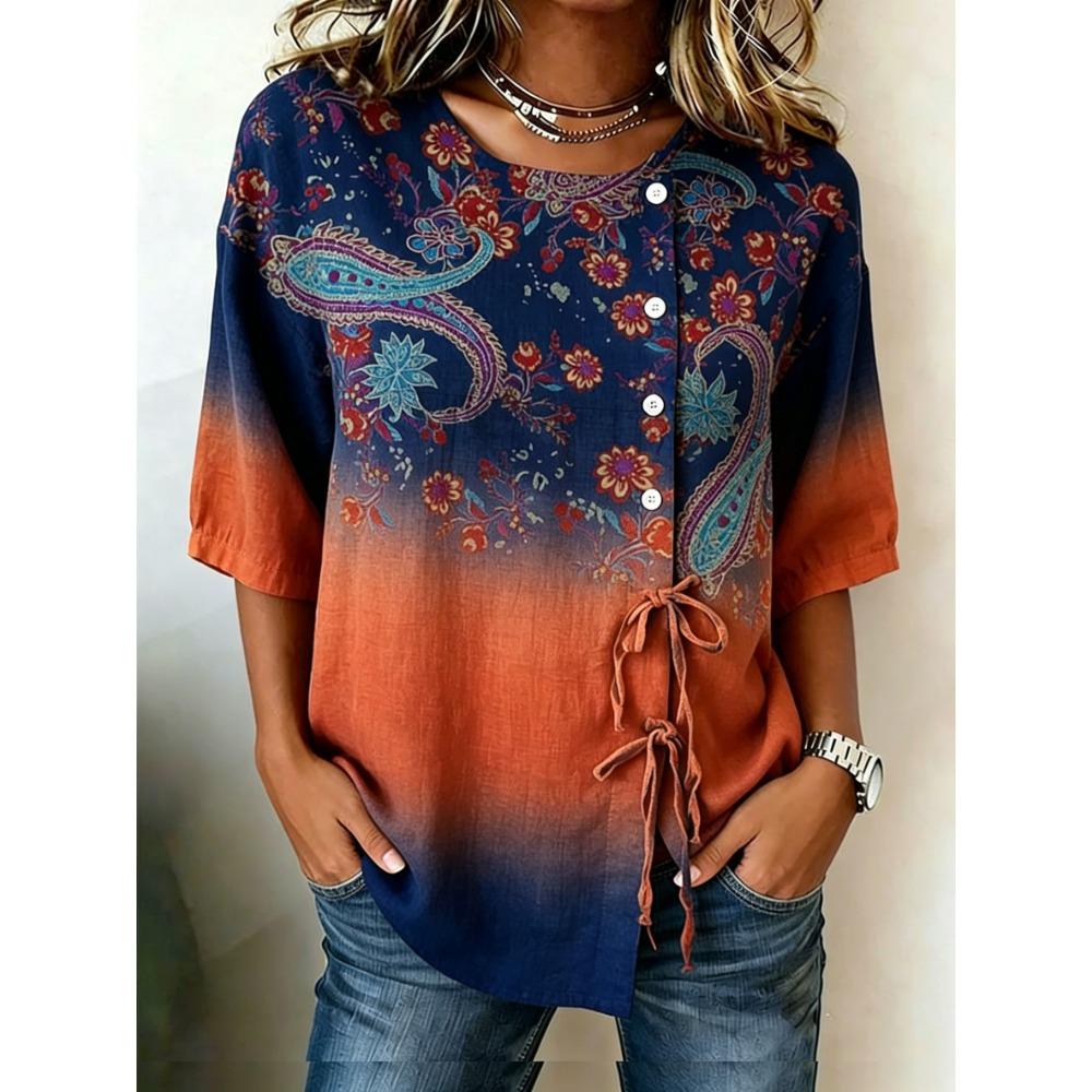 Women's Ombre Paisley Floral Print Drawstring Button Up Blouse, Casual Round Neck Tops for Spring Summer Daily Vacation Wear