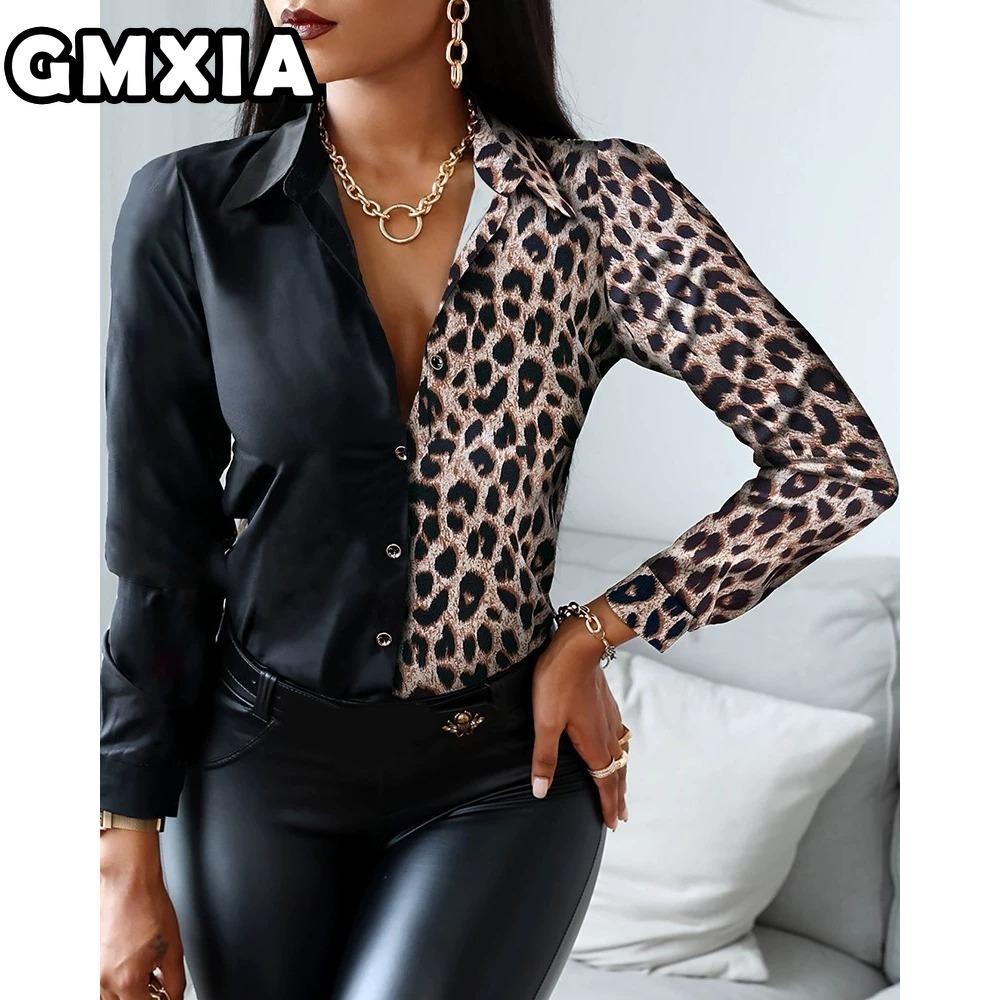 GMXIA Damenmode Lässig Freizeit Einfarbig Druck Langarm POLO Kragen Blusen & Hemden