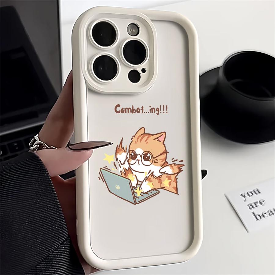 Phone Case for iPhone 11 13 14 16e 12 16 Pro Max 15 Plus Soft Shell 15Pro 14+ 13Pro 16+ Funny Cartoon Work Cat