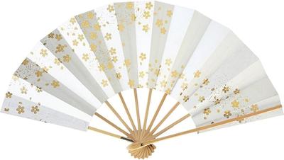 Hanakage Dance Fan, Love, 1526, White Pearl with Cherry Blossoms and Gold, 9.5cm, White Bamboo Ribs, for Dancing (Gold)