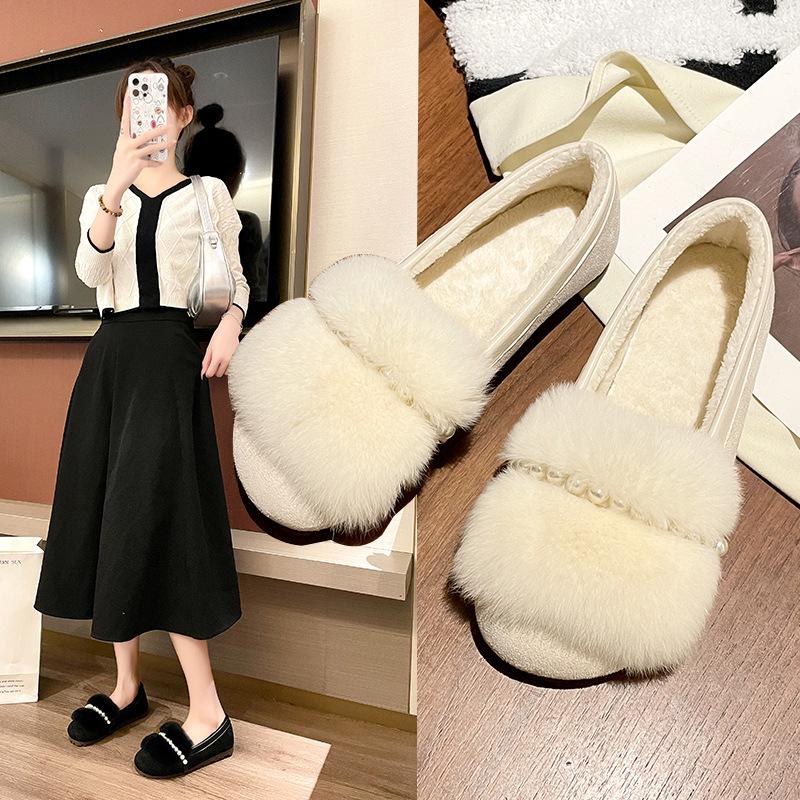 Women's Summer Flat Fur Bean Shoes with Rabbit Hair, Plus Size, Wear Outdoors
