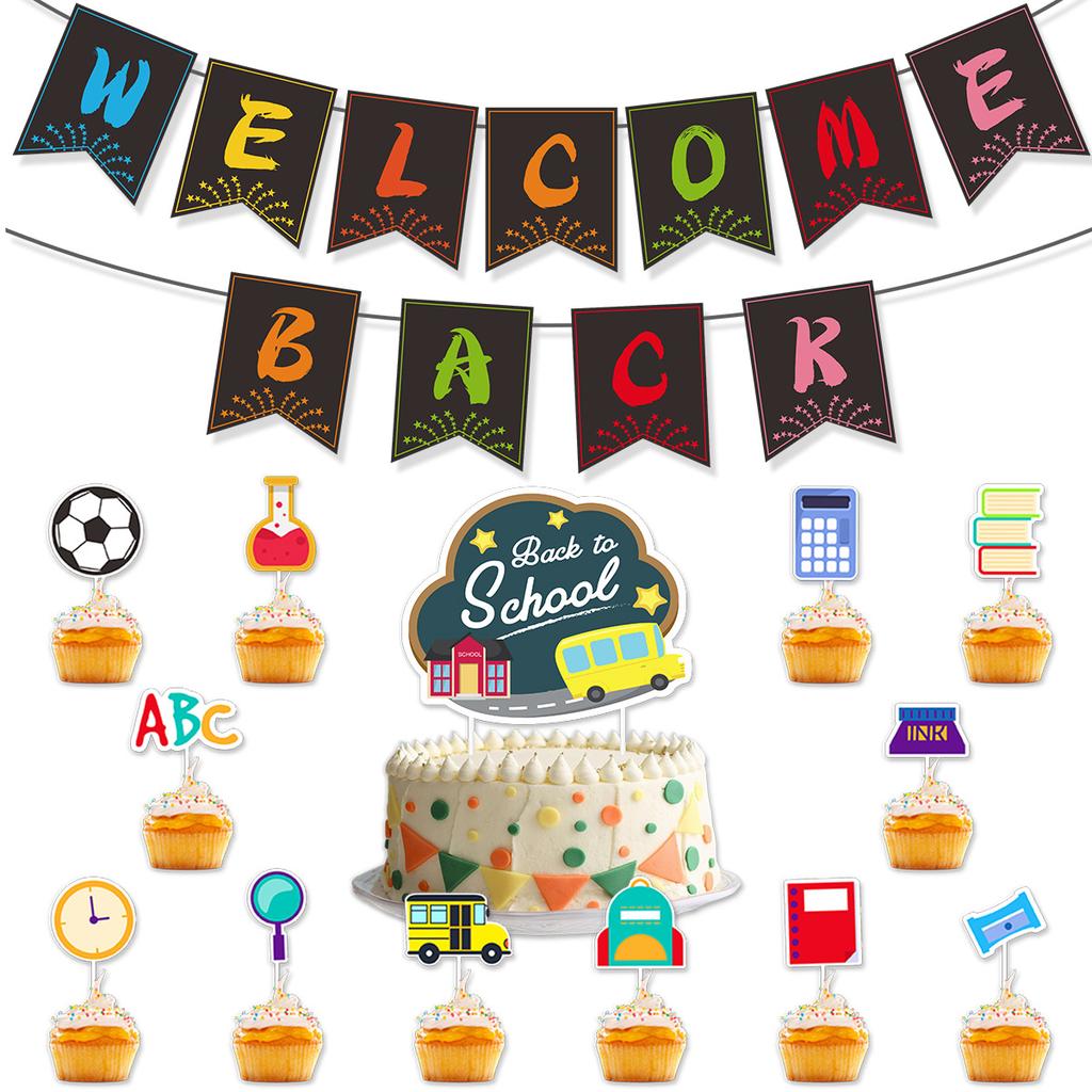 Students Start School, Classroom Decoration, Welcome Back, Pencil Ruler, Apple Flag Cake, Card Set