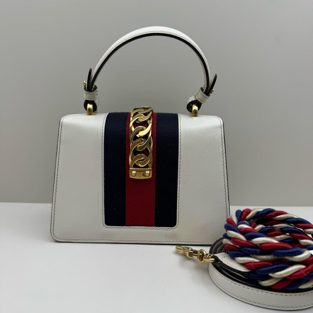 [Pre-Owned] Sylvie Gold Buckle Striped Web Leather Mini Tote Shoulder Crossbody Bag - Very Good #119GX9R