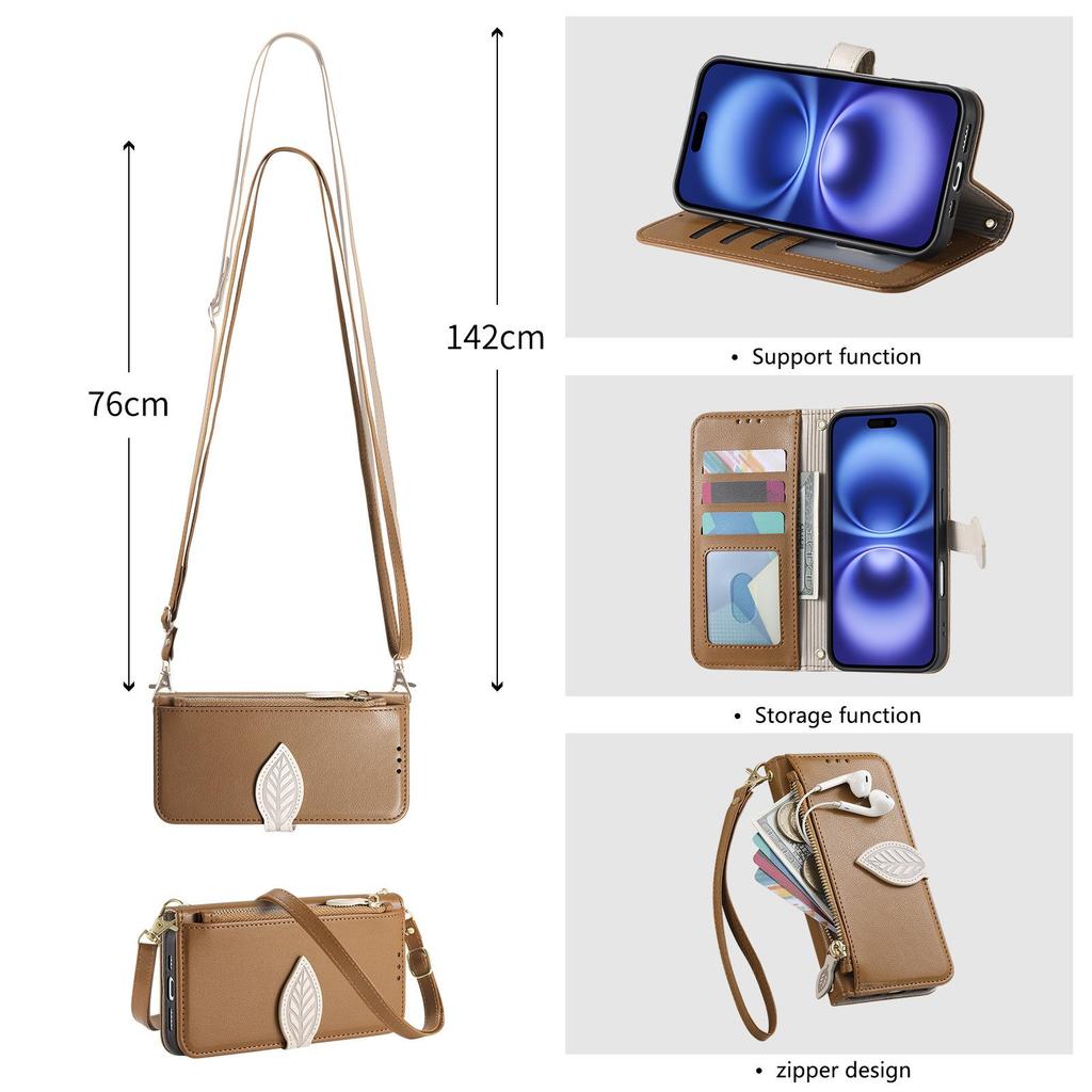 iPhone 17 Leaf Leather Flip Case with Crossbody Strap