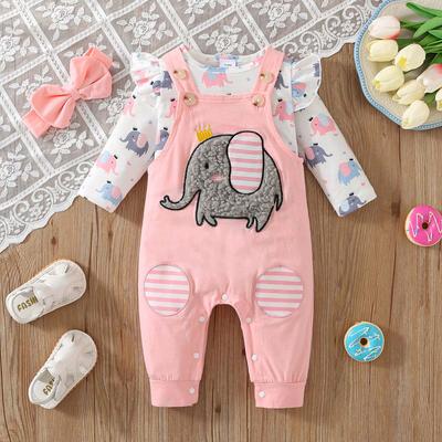 Cute Cartoon Embroidered Elephant Print 3 Pieces Infant Girls Clothing Set Spring Autumn Long Sleeve Stripe Overall Pants Outfit