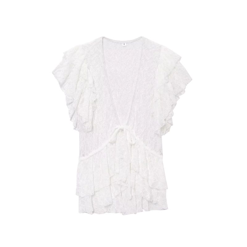 Spring and Summer New Women's Clothing Sweet Style Laminated Decoration Bowknot Decoration Lace V-neck Short Sleeve Jacket 2298187