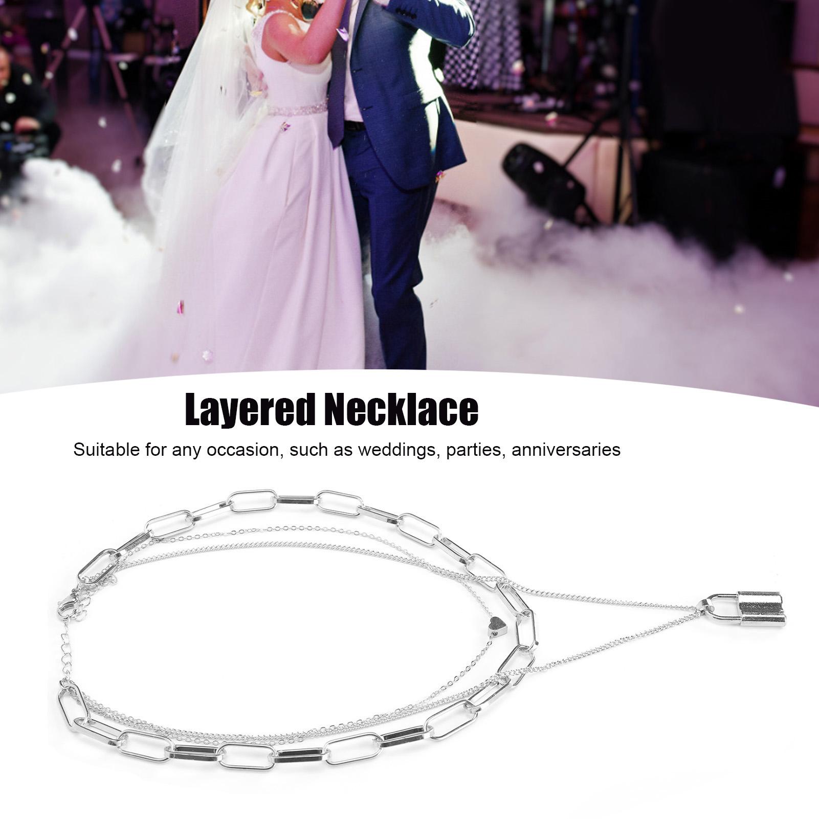 Women Simple Layered Necklace Lock Heart Shaped Pendant Necklace Jewelry Accessory(Golden )