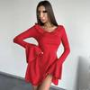 European and American women's pure color lace sweet trumpet long sleeved slim fit dress