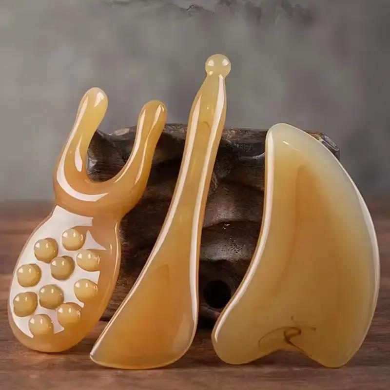 3Pcs Imitation Sheep Horn Gua Sha Set, Facial Body Massage Tool Kit жёлтый