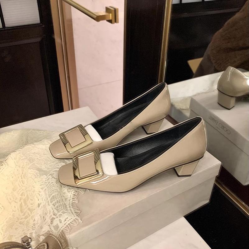 Square buckle thick heel single shoes 2025 spring new French retro light mouth square head thick heel commuter high heel single shoes women